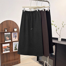 简约羊绒半身裙韩系新款松紧腰抽绳后开叉加绒中长裙一件代发9777