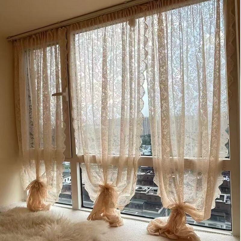 Lace French Sheer Curtains, Light-Transmitting but Not See-Through, Bedroom Bay Window, No-Drill Magic Tape Self-Adhesive Short Curtain, Cabinet Sunshade