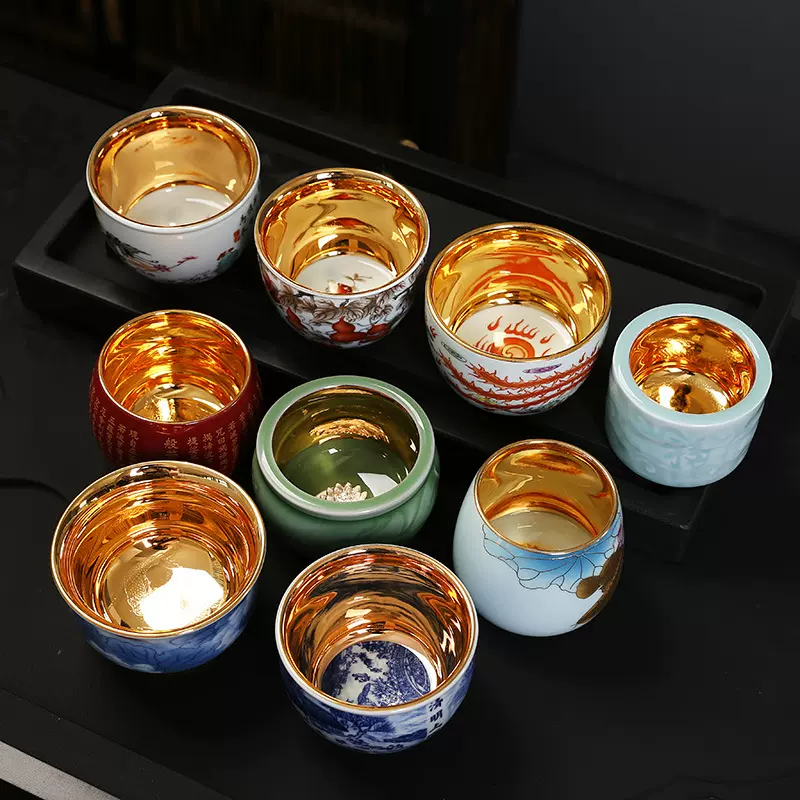 鎏金主人杯个人茶杯功夫品茗杯羊脂玉陶夫茶具配件礼品印制LOGO