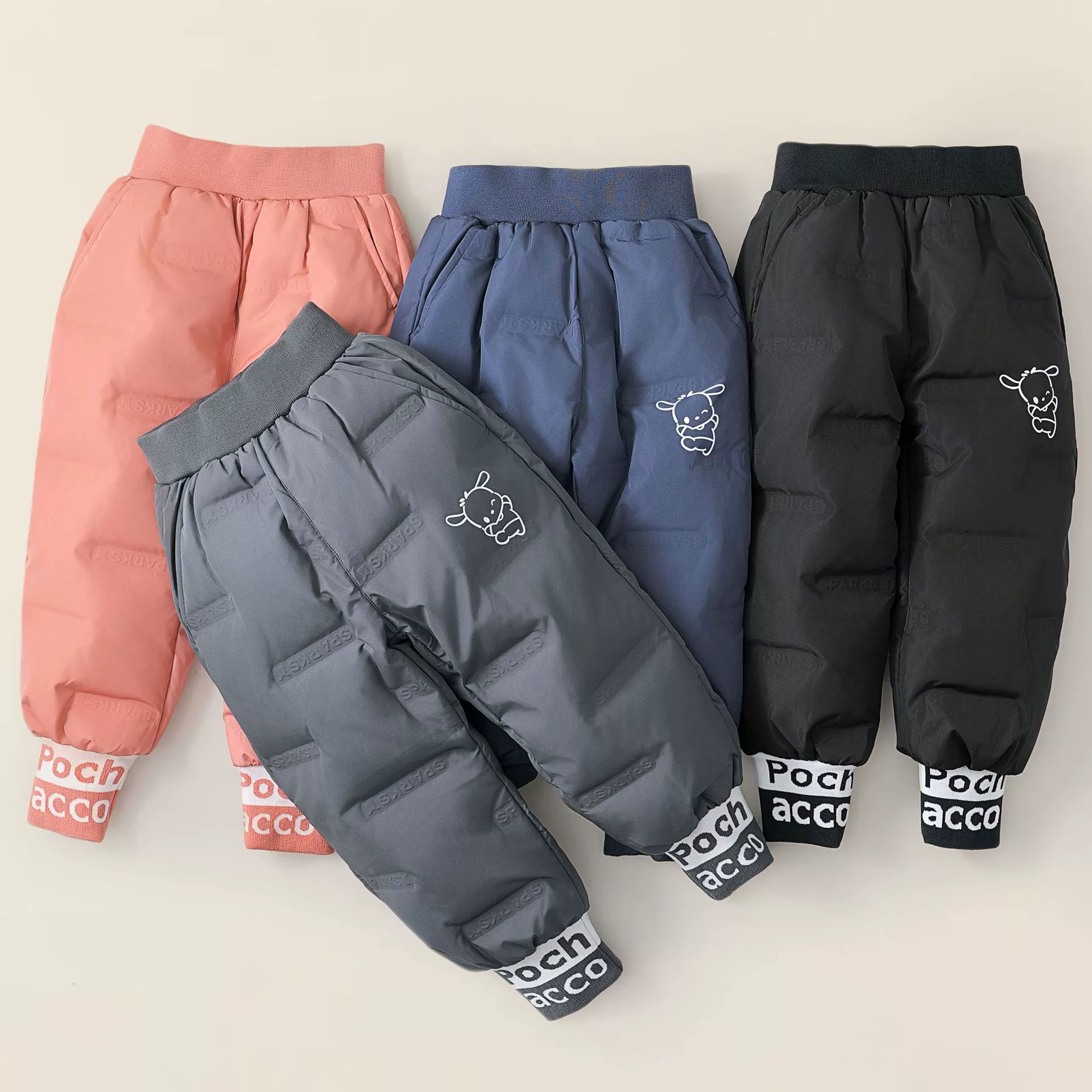 Детские пуховые штаны 2025 года, новая композитная ткань, милый мультяшный дизайн с Почакко, корейский стиль, утепленные для мальчиков и девочек, для малышей и детей младшего возраста