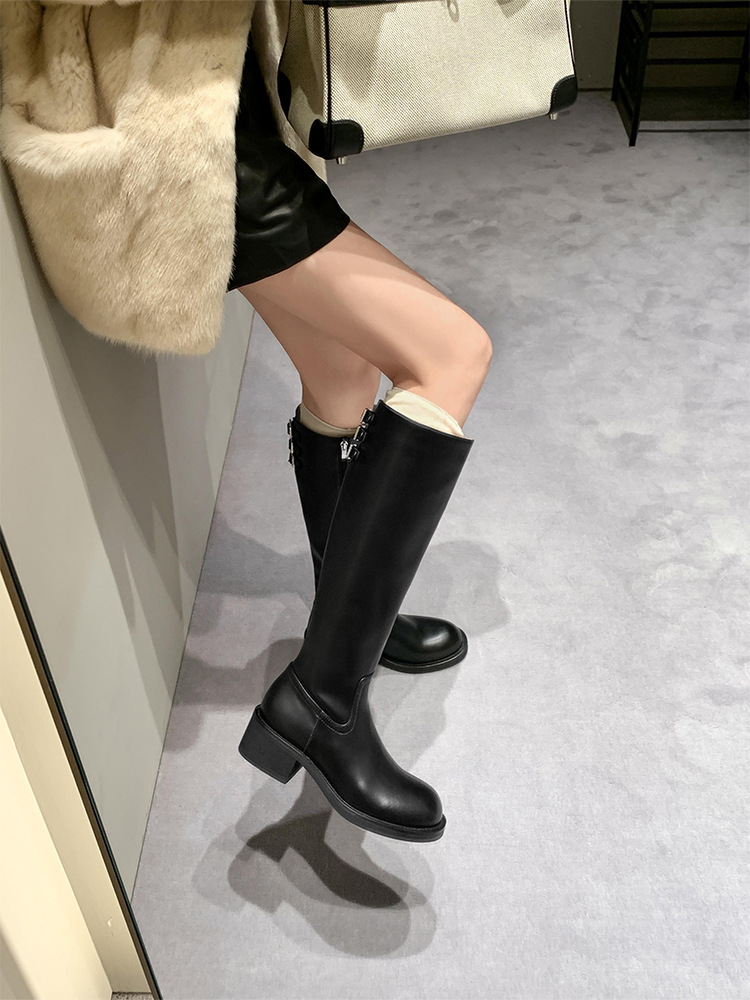 Women's Knee High Boots With Thick Heel And Buckle Side Zipper_voghion.com