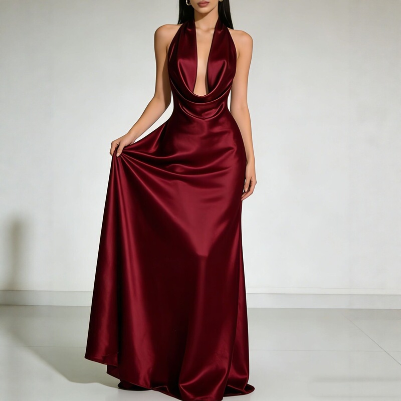 European and American cross-border 2026 summer halter neck backless fashion evening dress, elegant party sexy bridesmaid long dress