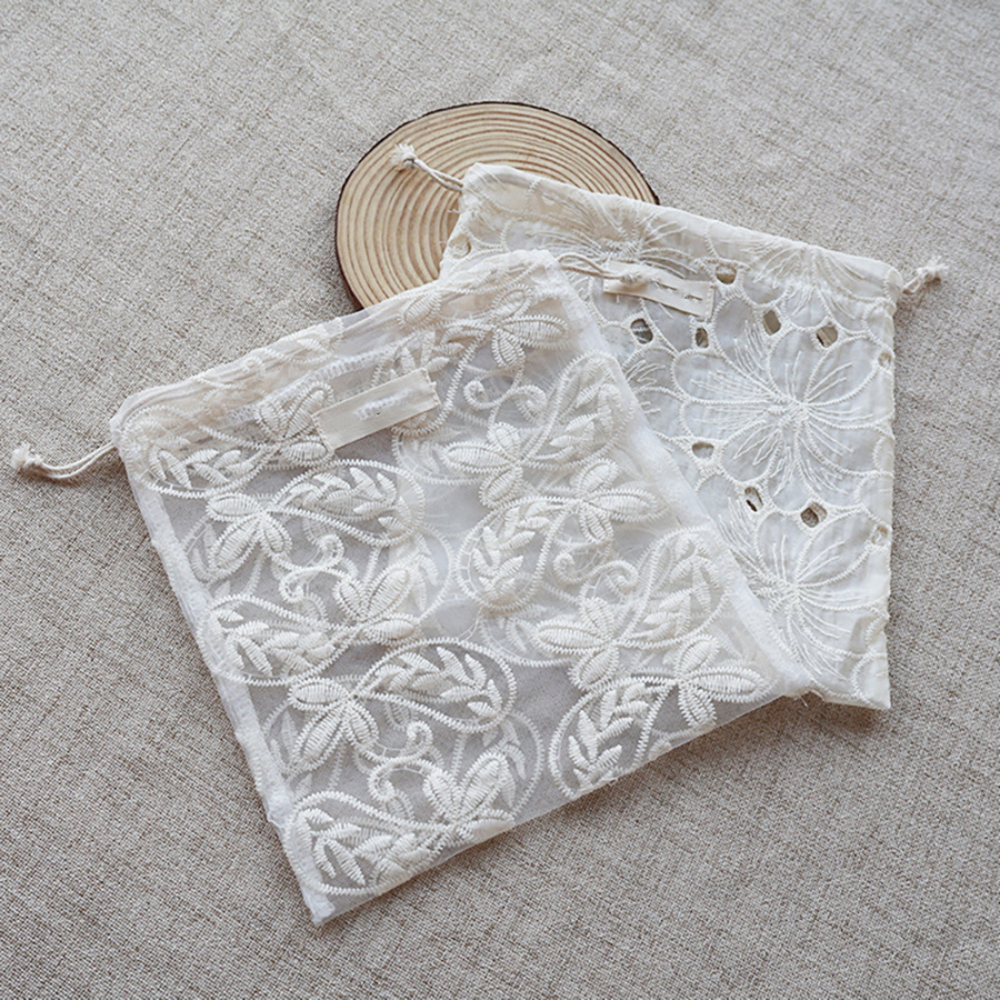 Artistic Retro Apricot Lace Embroidered Cotton Gauze Single-Layer Drawstring Pouch Storage Bag