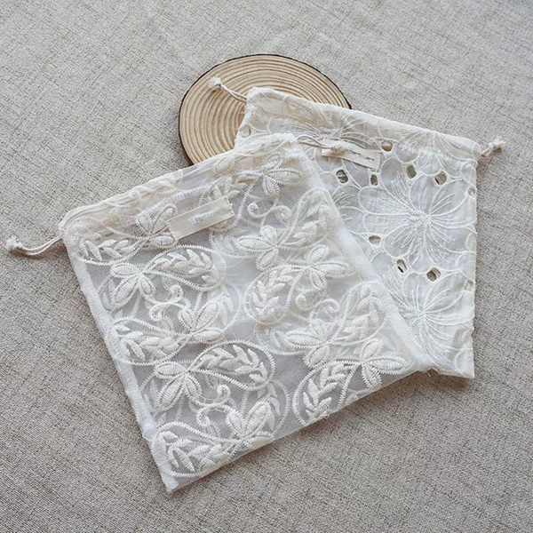 Artistic Retro Apricot Lace Embroidered Cotton Gauze Single-Layer Drawstring Pouch Storage Bag