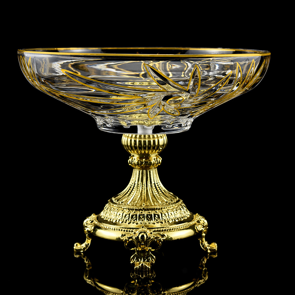 欧美水晶玻璃轻奢水果盘 现代客厅高脚描金装饰果斗 家居摆件特价