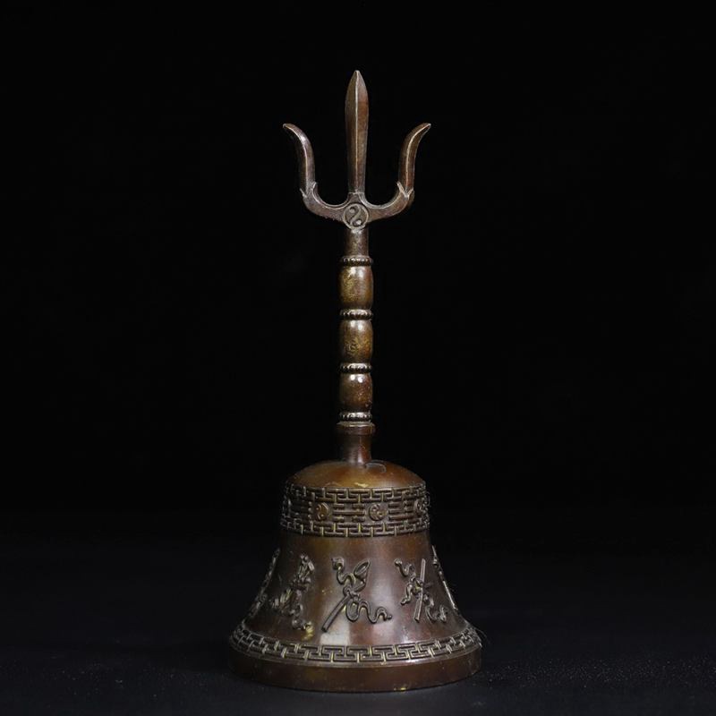 古玩杂项收藏仿古做旧黄铜铜器八仙铃手摇铃铛三清铃八卦法器摆件