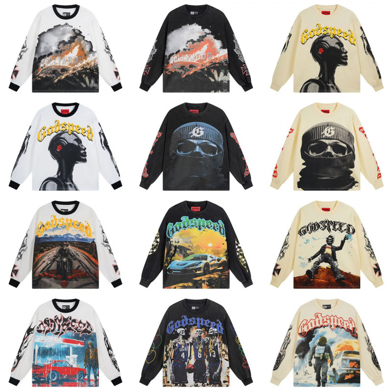 Godspeed Retro Skull Çap Uzunqol Futbolka Hip-Hop Üslubu