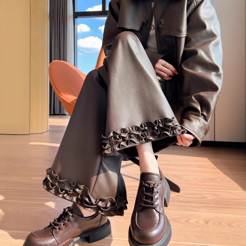 Brown Double-Layered Ruffled Leather Pants for Women 2025 Autumn and Winter New Casual Pants Soft Leather Pu Leather Fashion Wide-Leg Pants 7672