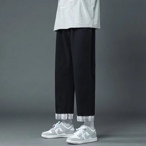 Men's Hong Kong Style Ins Trendy Checkered Folded Straight Leg Nine-Foot Pants Spring and Summer Student Loose Cool Casual Pants