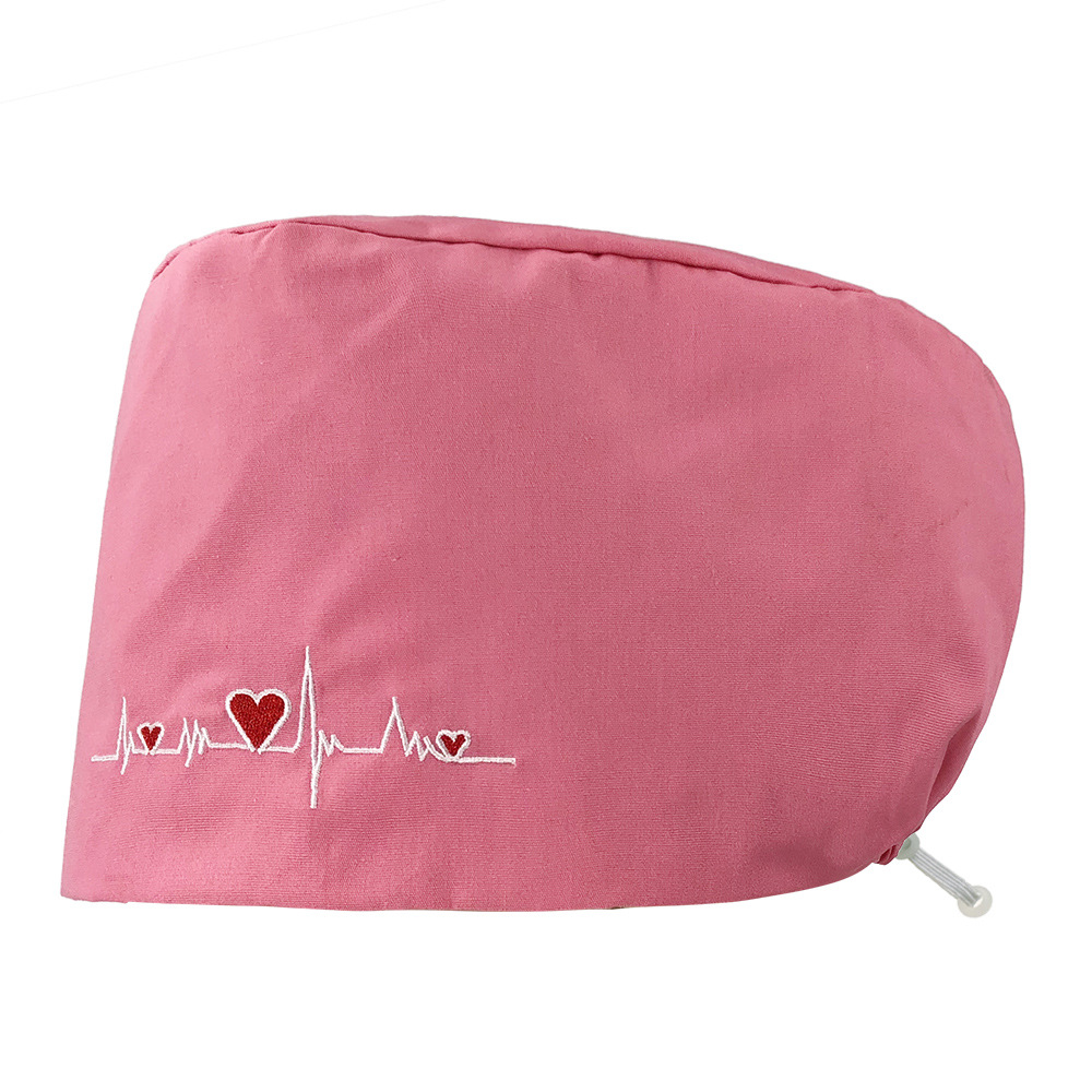 Gorro de enfermera con bordado de ECG de corazón, algodón puro, gorro de trabajo con bordado de color sólido, gorro simple para cabello largo, venta al por mayor.