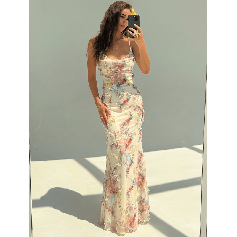 2026 Women's New Summer Style Romantic and Elegant Fabric Pleated Embellished Slim Fit Fishtail Suspender Long Dress