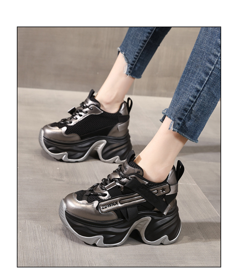Giày sneaker nữ đế dày tăng chiều cao 11cm, phong cách daddy, lưới thoáng khí — màu đen chi tiết 14