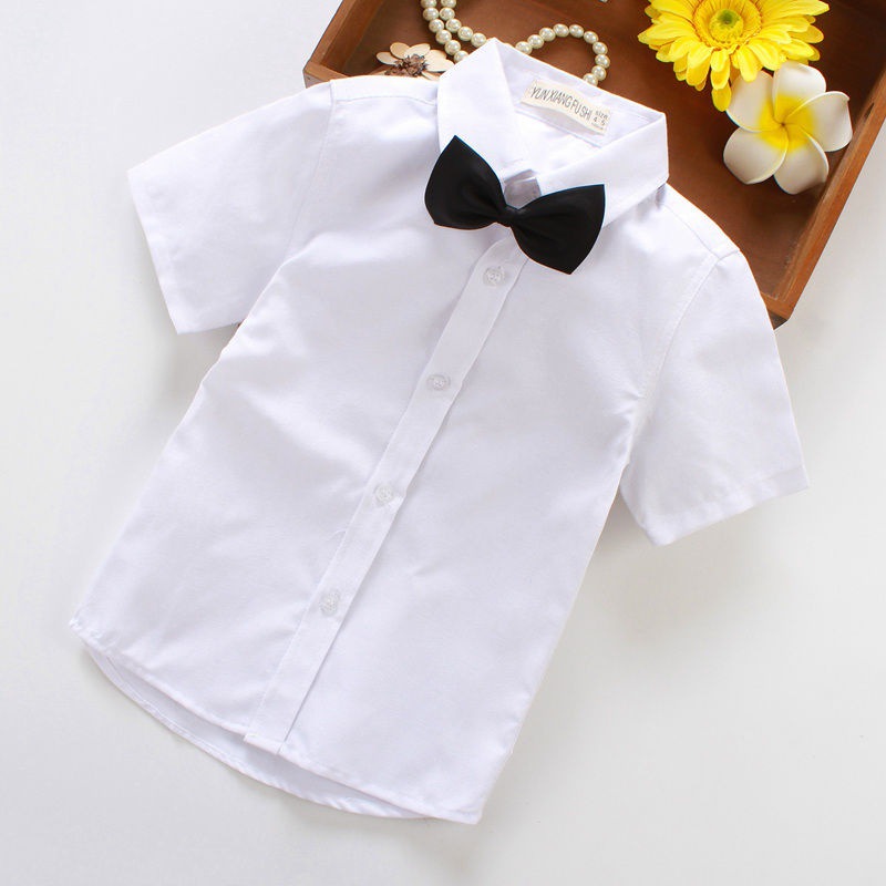 儿童短袖白衬衫纯白衬衣表演服 男童演出服长袖白色衬衫 宝宝校服