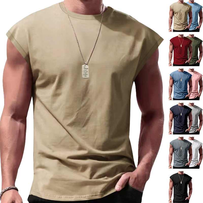 Camiseta sin mangas de verano para hombre, estilo eBay, para comercio transfronterizo, con textura acanalada, ajuste holgado, color liso, top casual deportivo.