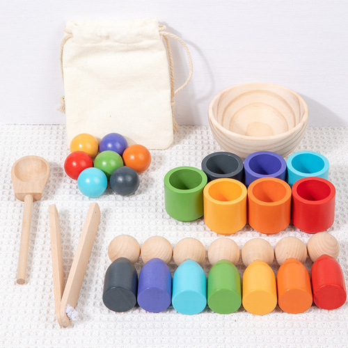 Cross-border children's Montessori teaching aids 7-color people and cup color classification matching ball and bead game wooden toys