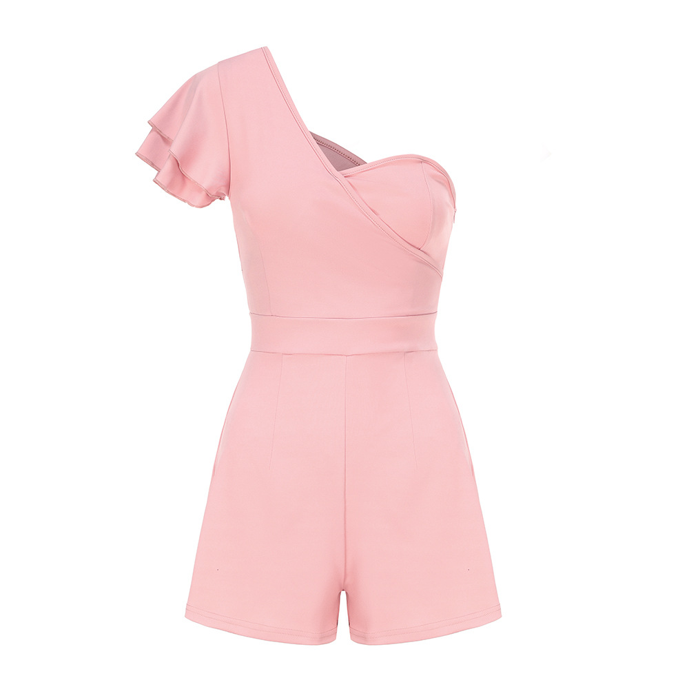 Women Clothing Spring Sexy One Shoulder Double Sleeve Solid Color Romper