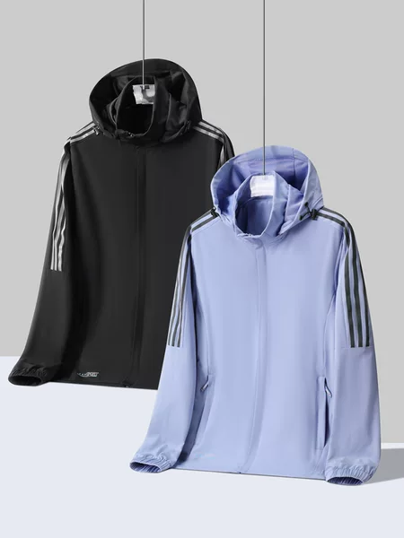 Outdoor Three-Stripe Spring and Autumn Couple's Sports Jacket, Unisex Stretchy Windbreaker with Detachable Hood, Customizable with Logo