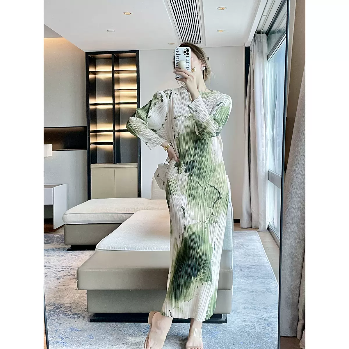 三宅2025秋季新款水墨抽象印花复古褶皱连衣裙女气质优雅显瘦长裙