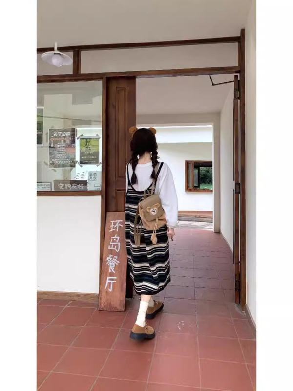 条纹针织吊带连衣裙女初秋季新款小个子复古休闲宽松背心长裙|undefined