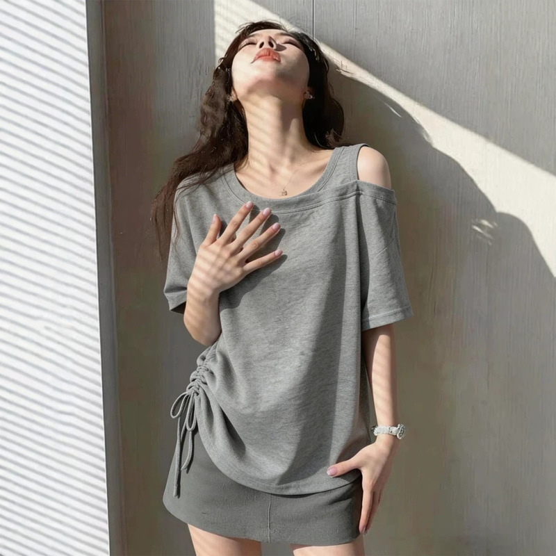 Designed Drawstring Off-Shoulder Short-Sleeved T-Shirt for Women, Summer Fashion, Versatile, Asymmetrical Off-Shoulder Top A12183 Designed Drawstring Off-Shoulder Short-Sleeved T-Shirt for Women, Summer Fashion, Versatile, Asymmetrical Off-Shoulder Top A12183