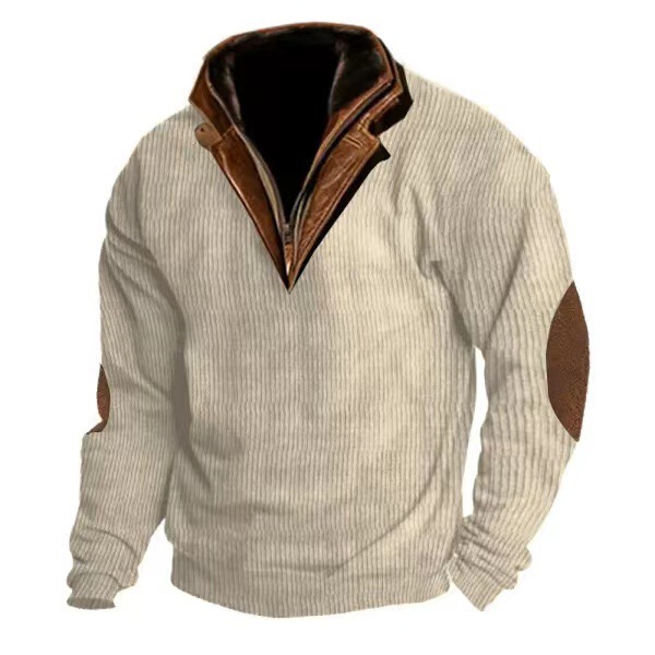 Men's Outdoor Double Stand Collar Fur Collar Patchwork Leather Pullover Sweatshirt Spring and Autumn Tactical Jacket Polo Shirt Sports Casual