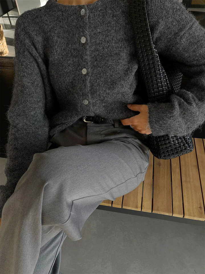 Áo khoác cardigan len nữ cổ tròn dài tay cài một hàng cúc phong cách retro thanh lịch — Màu trắng, Màu xám đậm, Xanh da trời, Xanh lá cây chi tiết 6