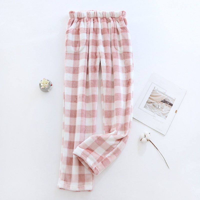 Couple flannel pajama pants women's autumn and winter plus size trousers coral fleece pants straight men's loose plaid home pants