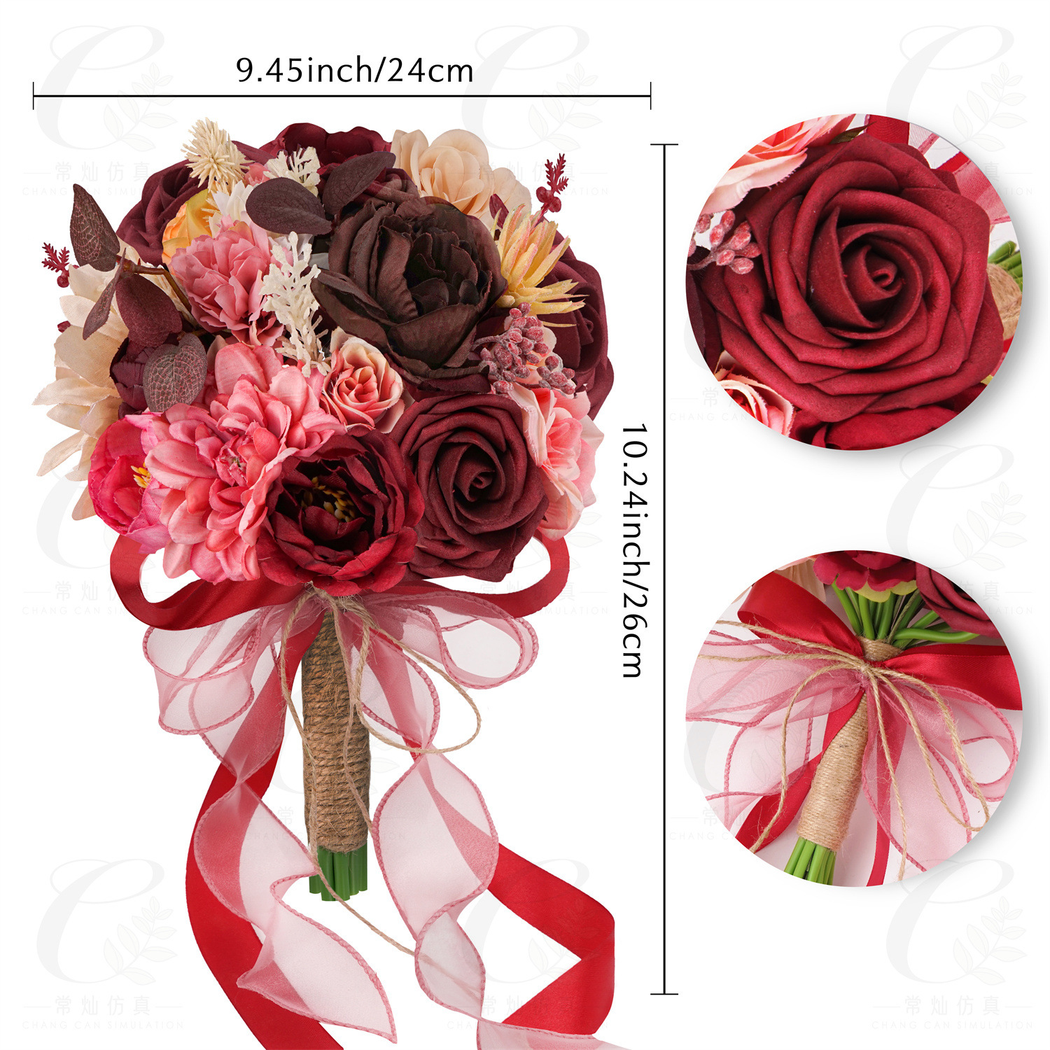 1PC 레드 핑크 모란 꽃다발 - 1(24cm;)