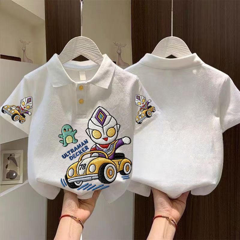 Children's pure cotton polo shirt, short sleeve, summer new style, trendy Ultraman T-shirt, stylish collared top for babies.