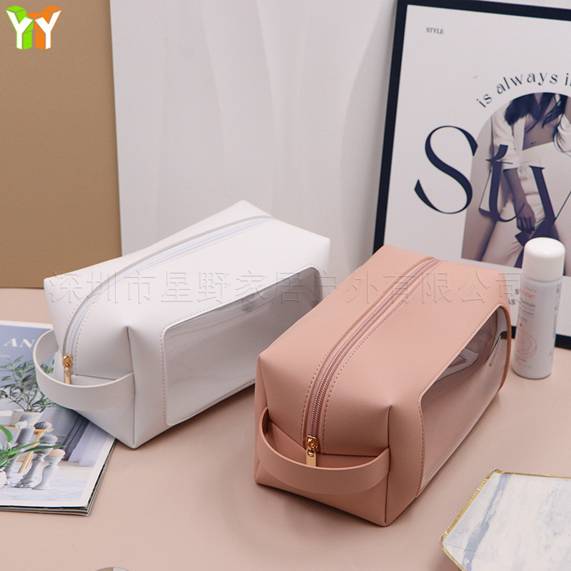 Summer Minimalist Transparent Makeup Bag | Portable, High-Capacity Organizer | Stylish Leather-Panelled Waterproof Toiletry Pouch