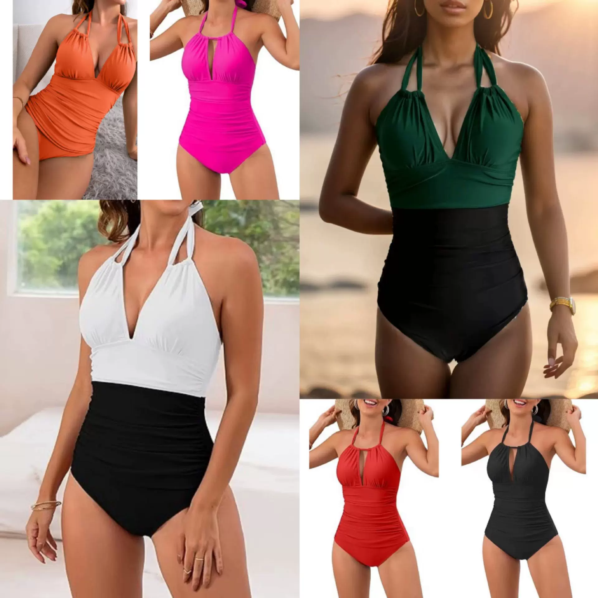 24新款连体泳衣欧美外贸纯色挂脖绑带镂空泳衣豹纹拼色亚马逊热卖