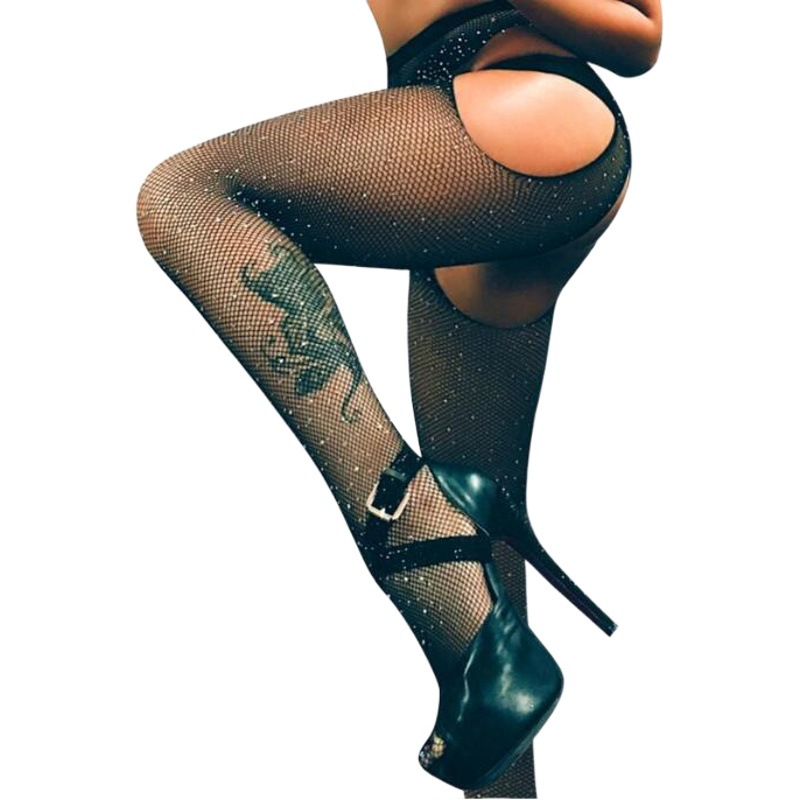 Calcetines de malla sexy Perforación en caliente de cuatro lados abiertos Pantimedias de malla pequeña Malla fina hueca Leggings encriptados Noche de mujer