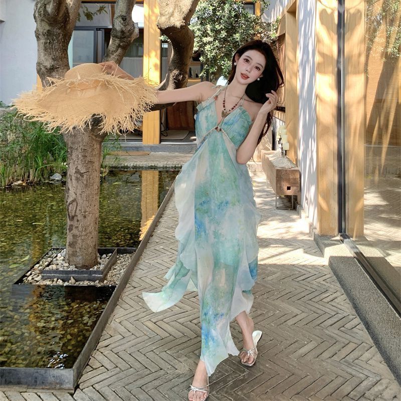 诗尚伊新款法式林间夏季浮夏度假吊带晕染连衣裙气质收腰印花长裙|undefined