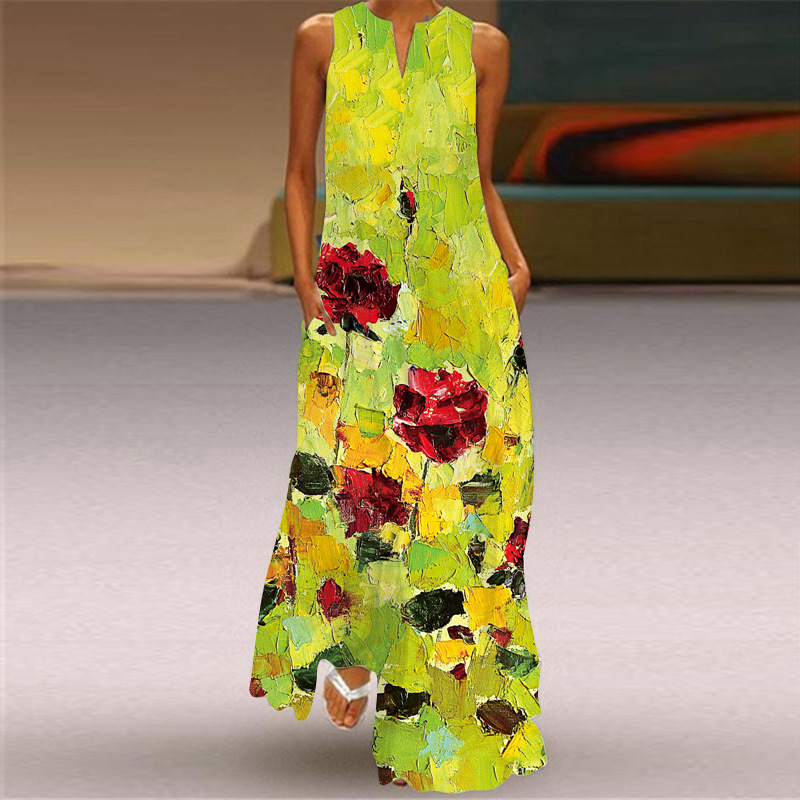 2021 summer independent station new European and American retro printing long skirt V-colored long sexy sleeveless dress