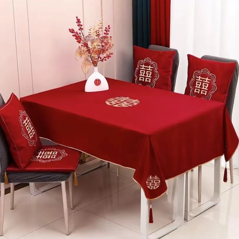 Tela de mesa de bodas, bandera de boda, mesa de té, tela roja china, ropa de mesa bordada, artículos de boda