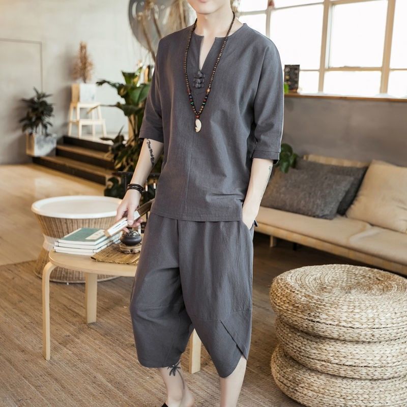 Camiseta de manga corta de lino traje de hombre estilo chino cuello en v media manga camiseta estilo étnico algodón y lino traje Tang Hanfu algodón y lino lino lino