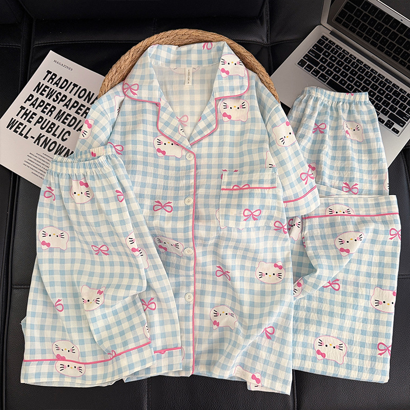 Three-piece set-summer new women's pajamas cloud cotton short sleeve pants sweet cartoon home clothes suit live