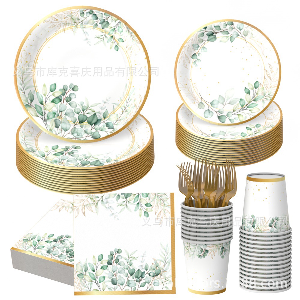 Transfronterizos eucalyptus bebés fiesta bandeja de papel salvia cubiertos bandeja de papel desechable taza de papel conjunto de toallas