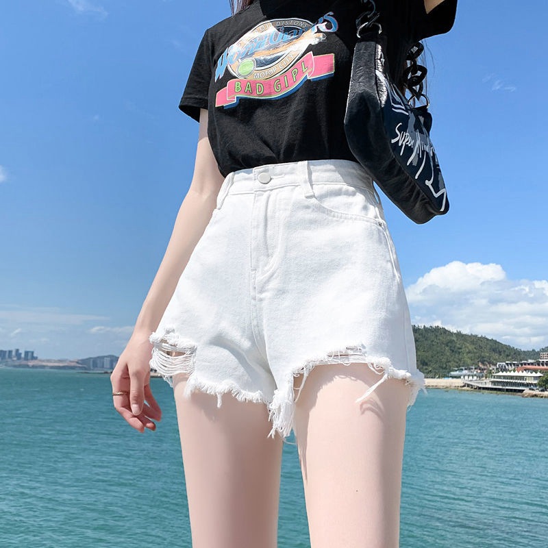 白色破洞牛仔短裤女2026夏新款高腰显瘦毛边a字阔腿辣妹热裤潮ins