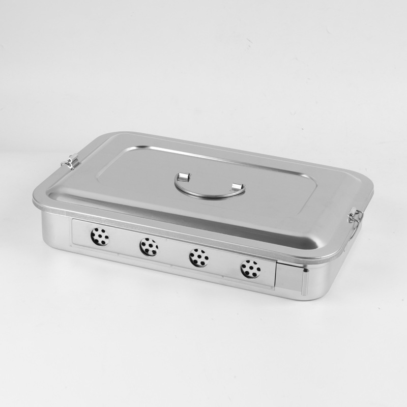 Thickened Stainless Steel Sterilization Box with Lid and Buckle Anti-Iodophor Dental Holed Square Plate Surgical Tray Instrument Box