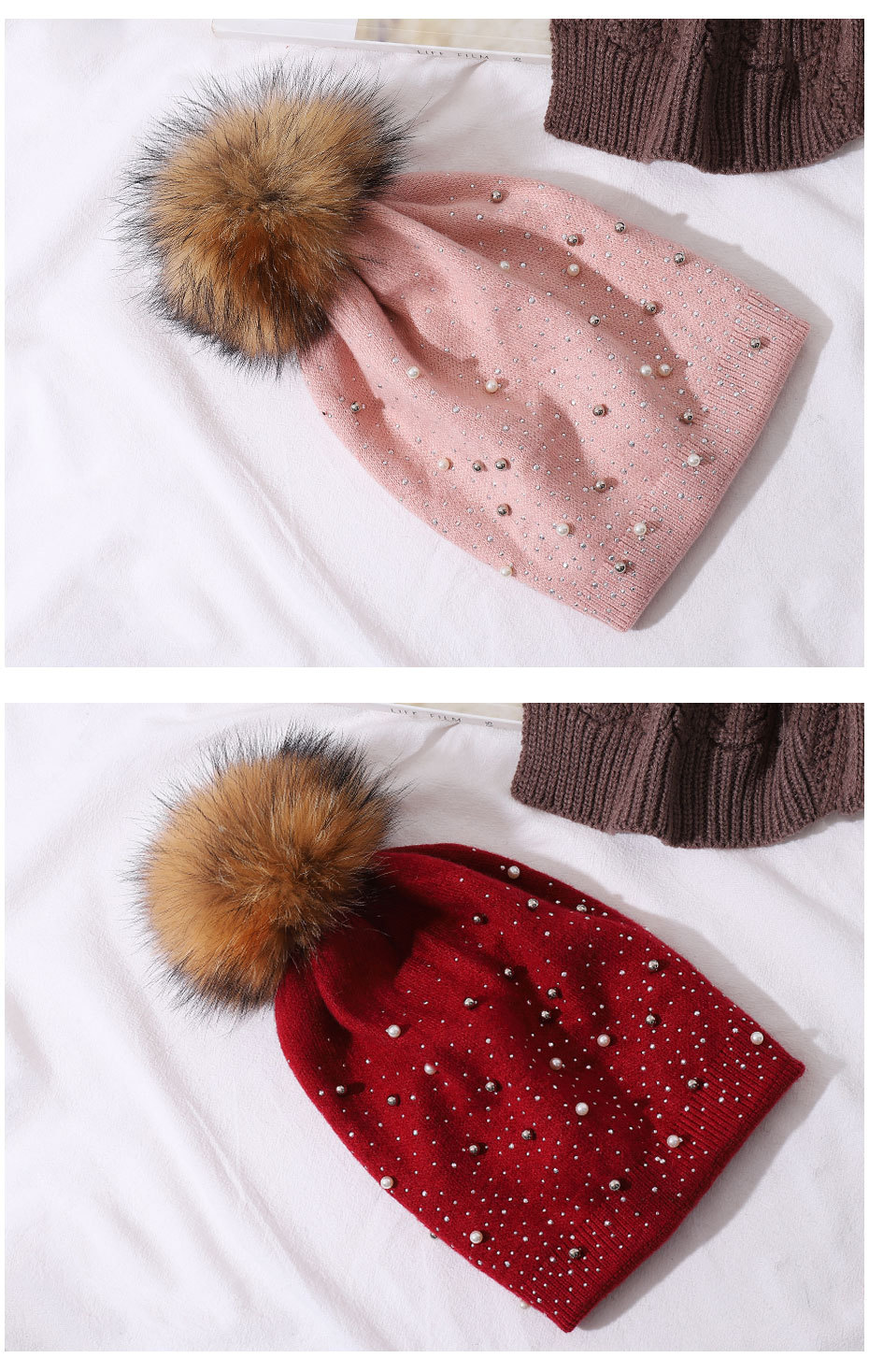 Perle de laine pour femmes pour la chaleur de l'hiver, chapeau tricoté en boule de fourrure de raton laveur, style pull à la mode pour femmes_voghion.com