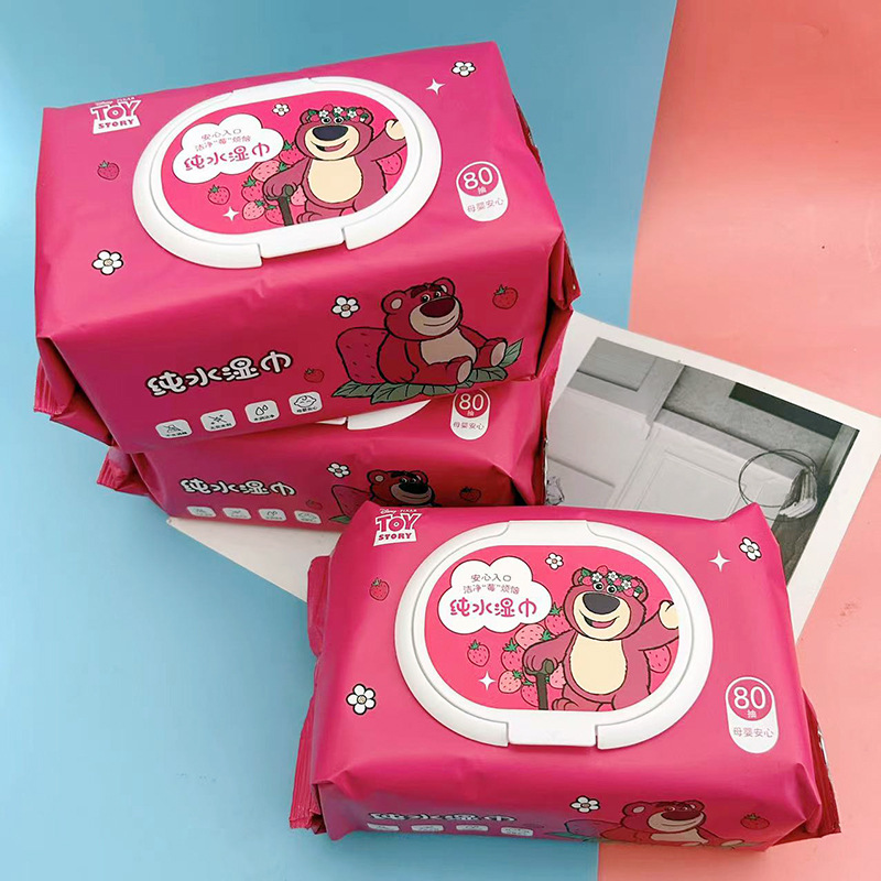 Strawberry Bear Pacha dog kt cat wet wipes thickened wet wipes with cover 80 pumps disposable children's hand and mouth cleaning wipes