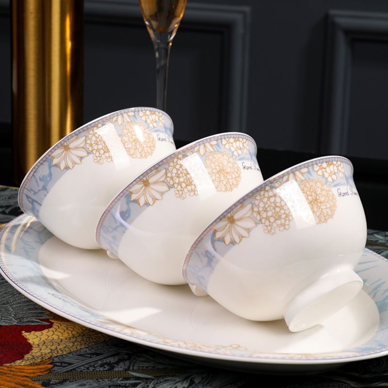 Jingdezhen Ceramic Anti-Scalding High-Footed Bowl Household Plate and Spoon Set Tableware High-Value Combination Wholesale Four-Piece Set