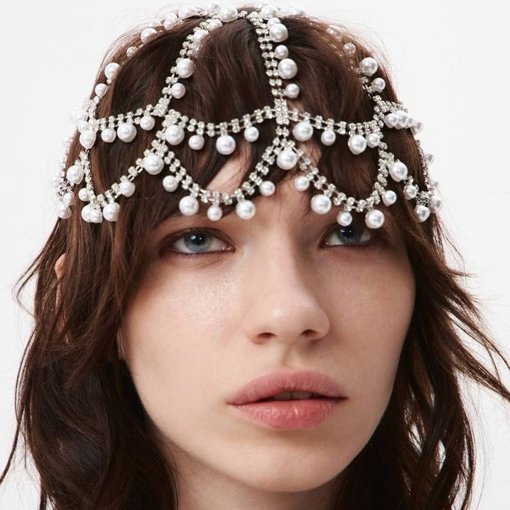 Cross-Border Hot-Selling Hollow Flower-Shaped Pearl Headpiece, High-End Fashion Diamond-Encrusted Hair Chain Headpiece, Bridal Wedding Accessory