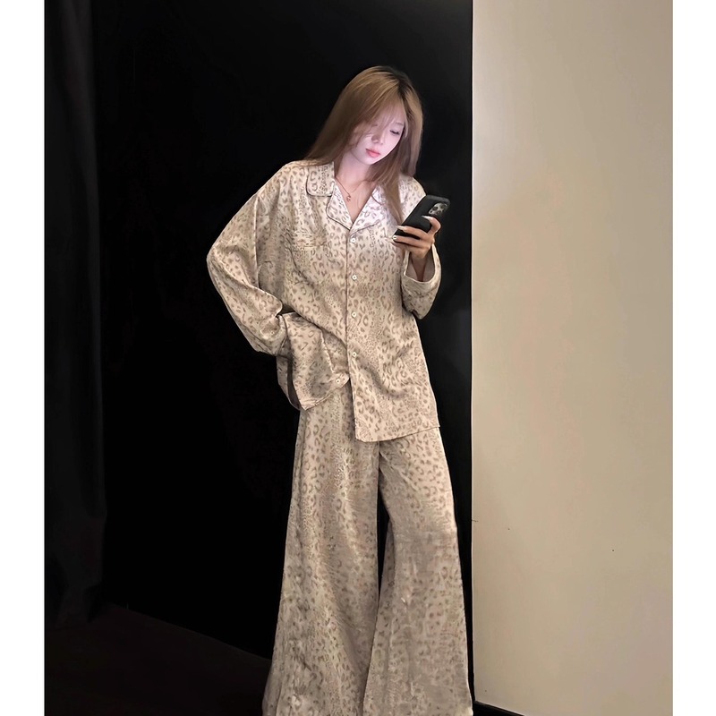韩系高级感豹纹缎面冰丝睡衣女秋季新款大码长袖长裤家居服两件套|undefined