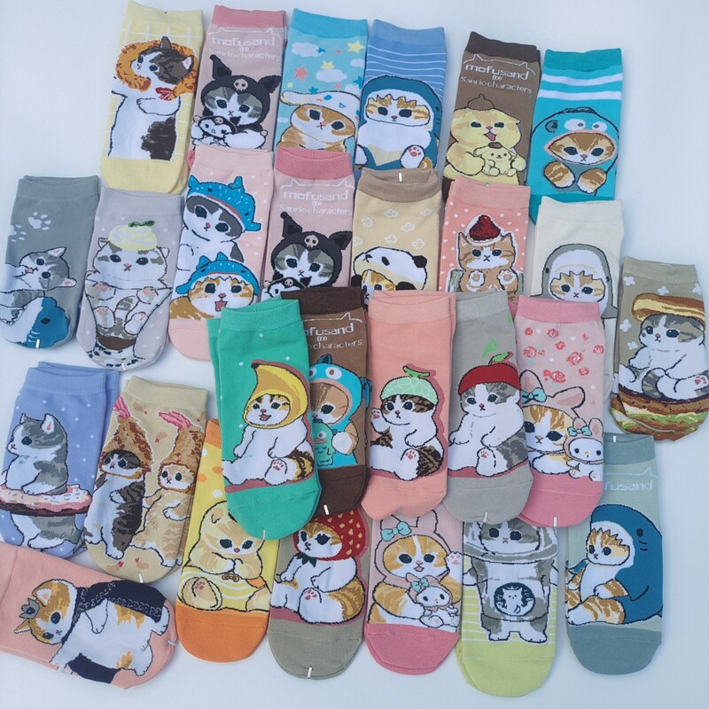 Japanese-style mofusand shark cat socks, stock of the fried shrimp cat series, foreign trade export women's cartoon cotton short socks Japanese-style mofusand shark cat socks, stock of the fried shrimp cat series, foreign trade export women's cartoon cotton short socks