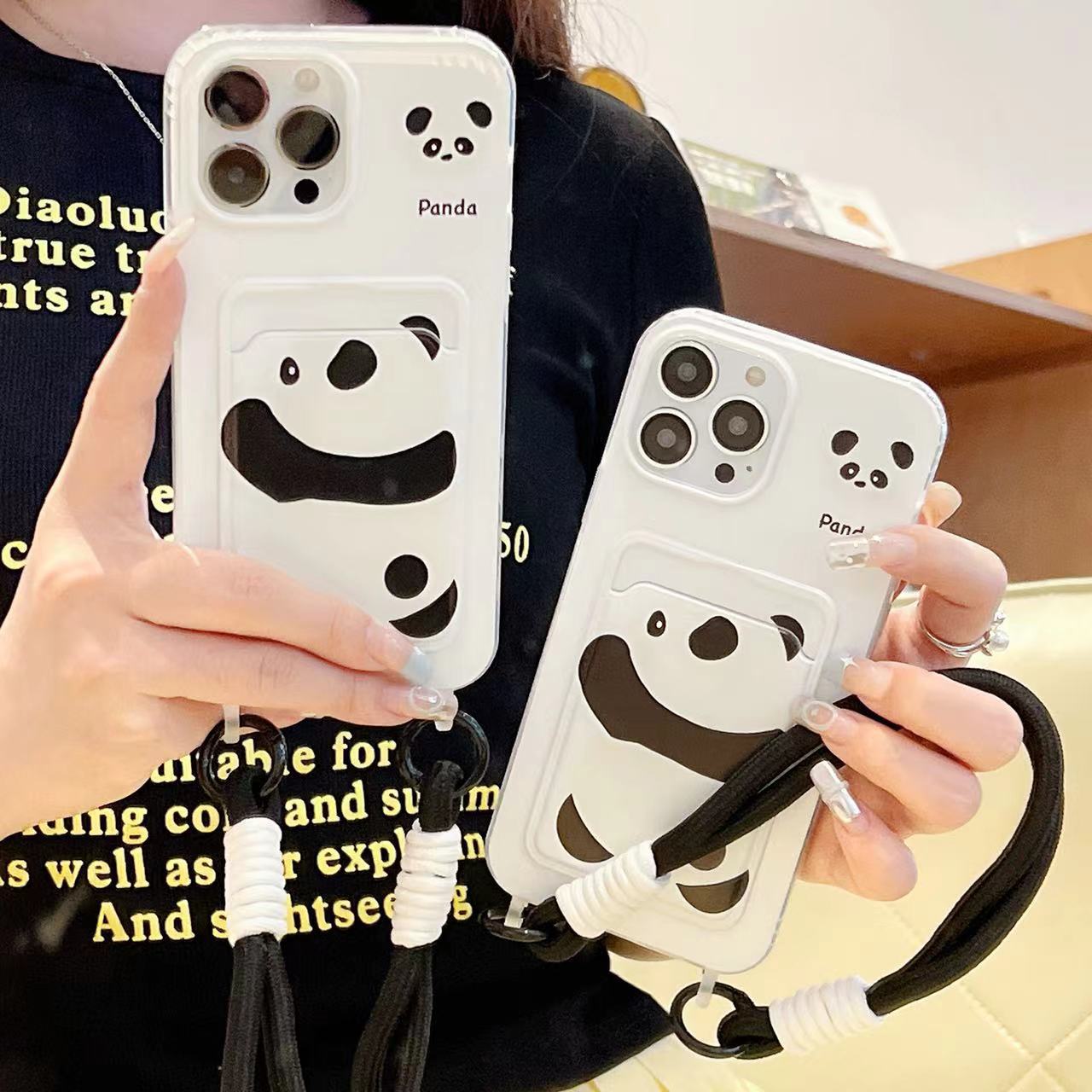 Card Bag Back Panda Card Bag Lanyard Huawei P60 Apple 13 Phone Case iphone14 Silicone Creative Women