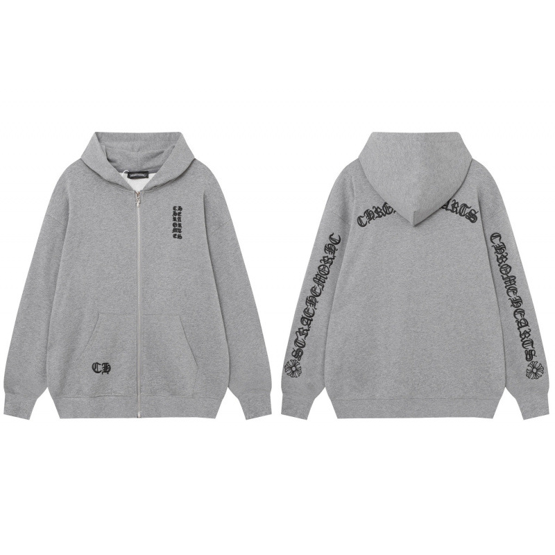 Chrome Hearts Hoodie Gothic Logo Zip Up Grey