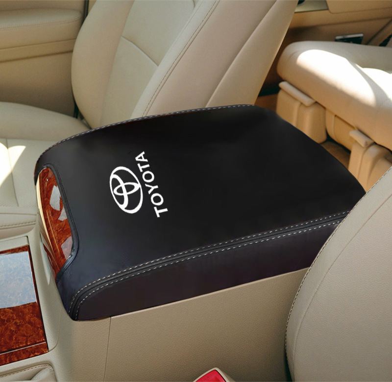 Toyota Land Cruiser – Toyota Armrest box pad - 2008-2020-black-leather-gray-stitching-with-logo