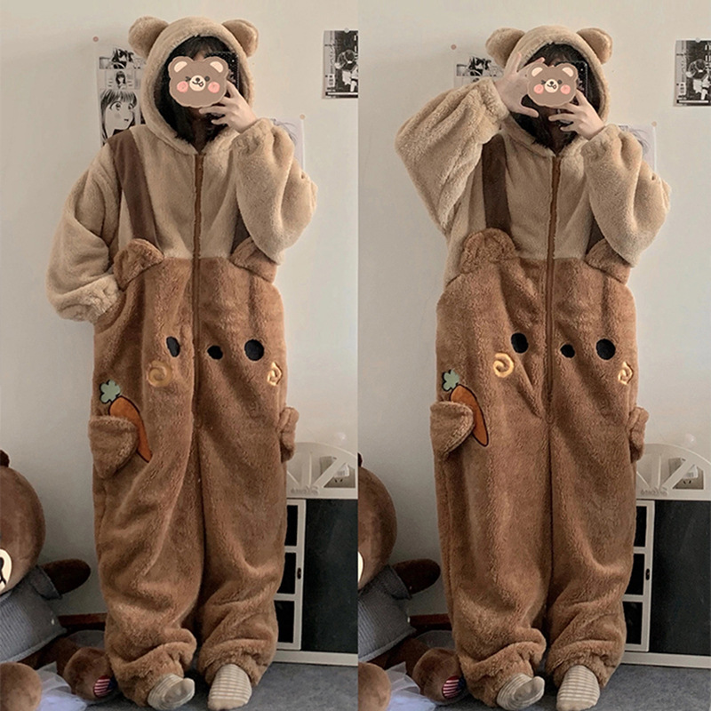 Winter Soft Girl Bear Pajamas Thick Coral Fleece Cute One-Piece Pajamas for Girls Cartoon Ins Homewear Sleepwear